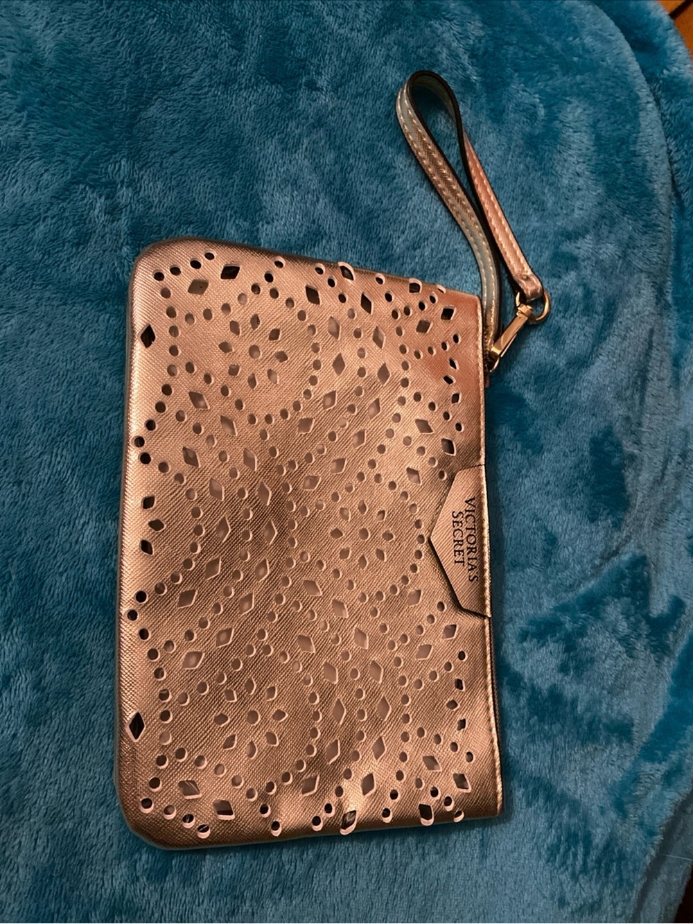 V! Victoria's Secret Rose Gold Laser Edge Cut Pouch Wristlet Purse with Zipper